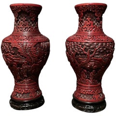 Marble Carved Japanese Style Pair of Vase in Red Lacquer