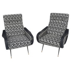 Vintage Pair Black & White Pattern Fabric Italian Mid Century Modern Lounge Chairs Mint