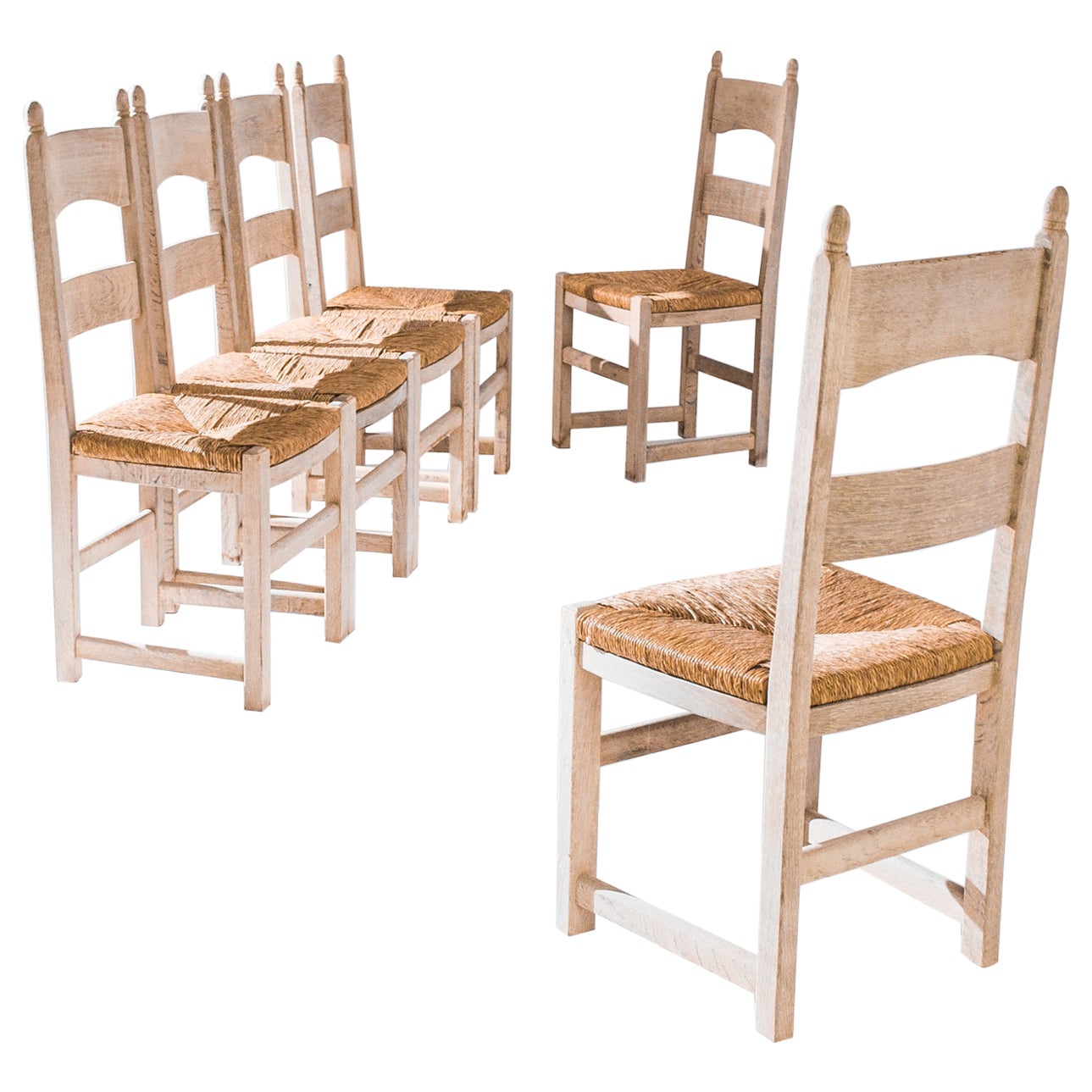 1960s Belgian Country Oak Dining Chairs, Set of Six