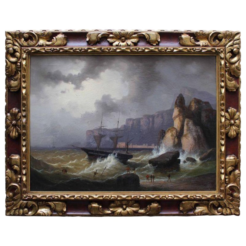 19th Century Marine View Painting Oil on Canvas