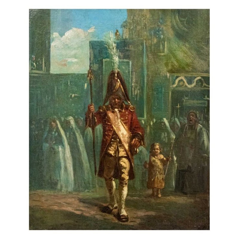 Peinture  l'huile sur toile de la procession du XIXe sicle par Marco De Gregorio