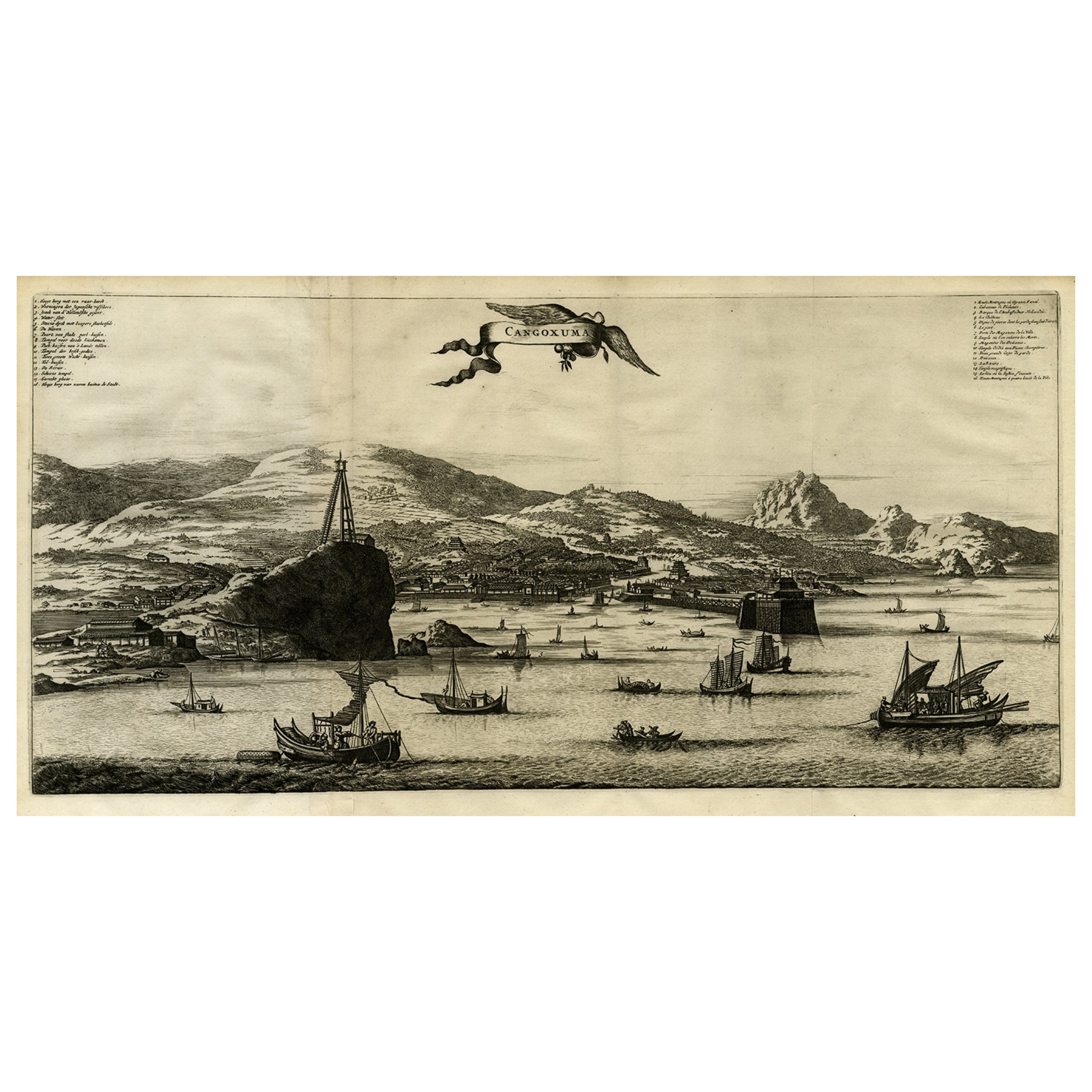 Ancienne gravure originale, Vue  l'il d'oiseau de Cangoxuma (Kagoshima) au Japon, 1669
