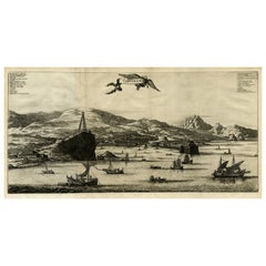 Original Old Engraving, Bird's Eye View of Cangoxuma (Kagoshima) in Japan, 1669