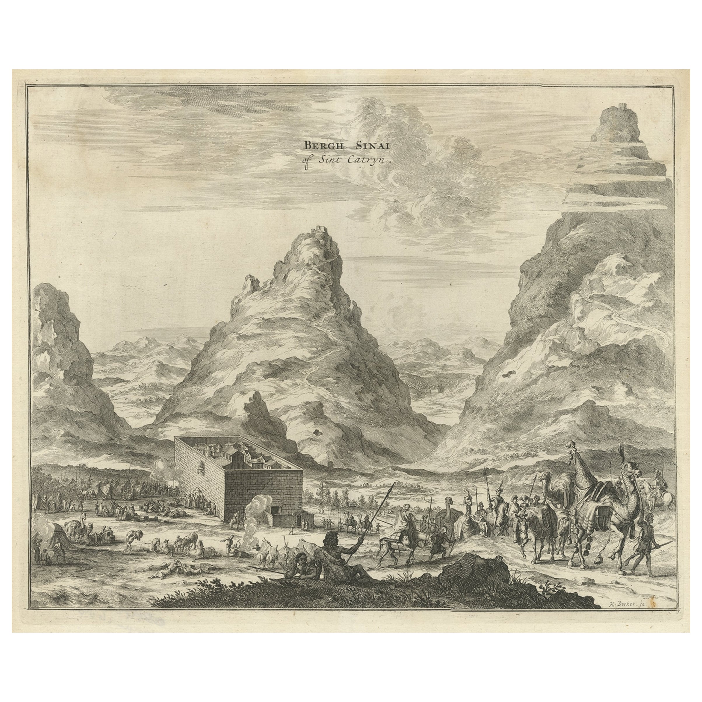 Rare gravure du mont Sinai avec la monastère et les Bedouins de Saint-Catherine, 1680