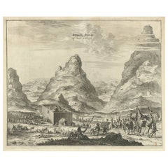 Antique Rare Engraving of Mount Sinai with St. Catherine's Monastery and Bedouins, 1680