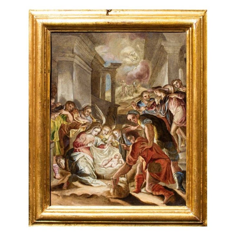 16th Century Adoration of The Shepherds Painting Oil on Copper For Sale