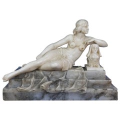 20th Century Reclining Woman with Sphinx Sculpture Alabaster