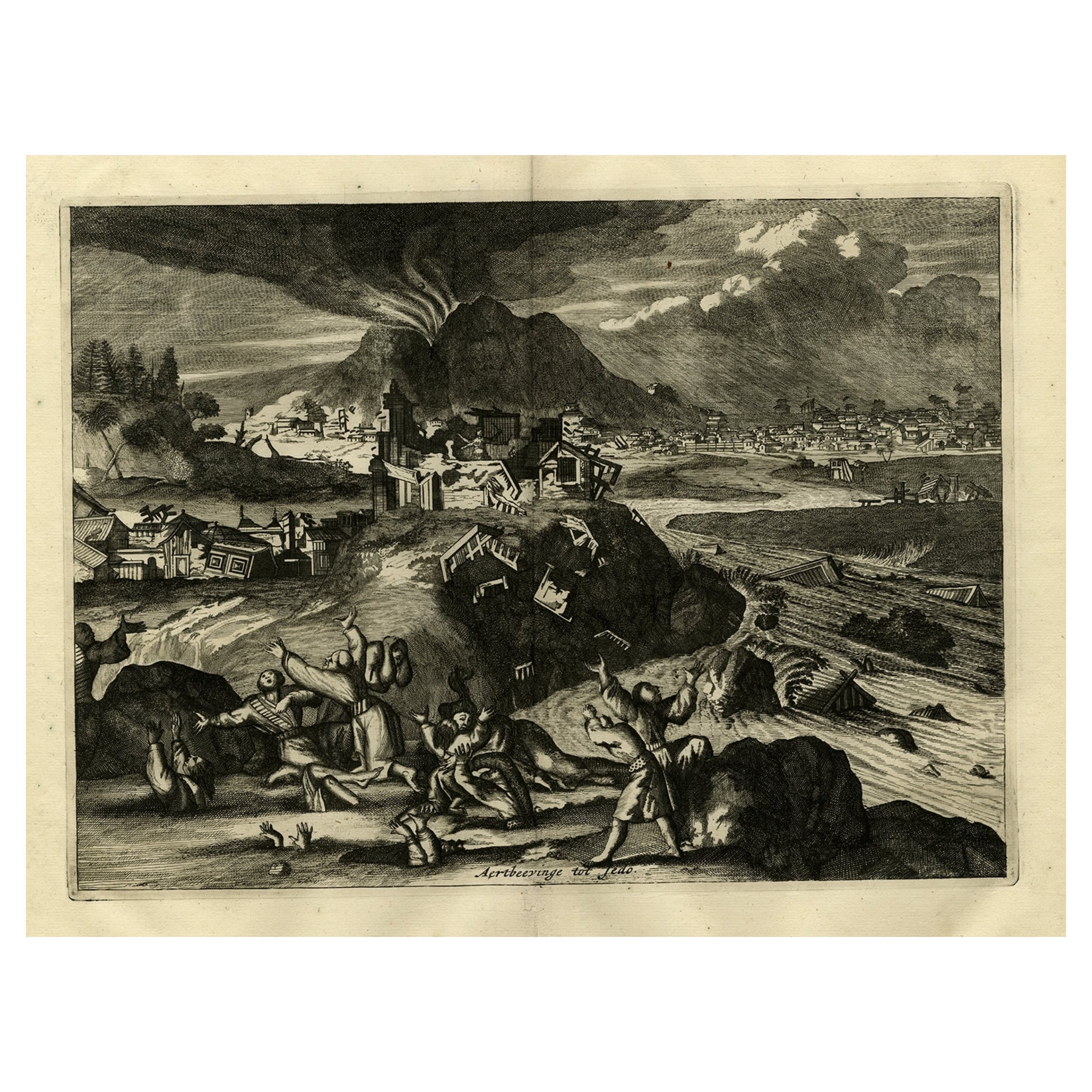 Rare gravure ancienne du mont Fuji lors d'un tremblement de terre  Tokyo, Japon, 1669