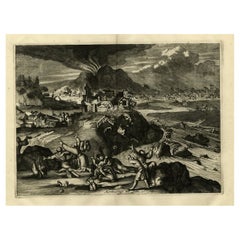 Rare Used Engraving of Mount Fuji During an Earthquake in Tokyo, Japan, 1669
