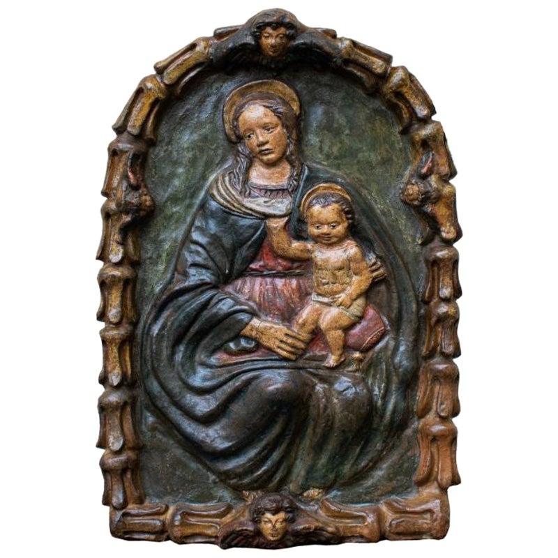 17th Century Madonna with Child from the Impruneta Tondo Polychrome Terracotta For Sale