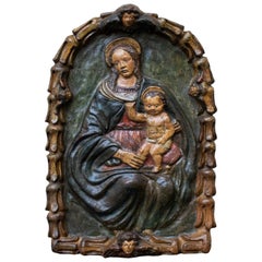 Antique 17th Century Madonna with Child from the Impruneta Tondo Polychrome Terracotta
