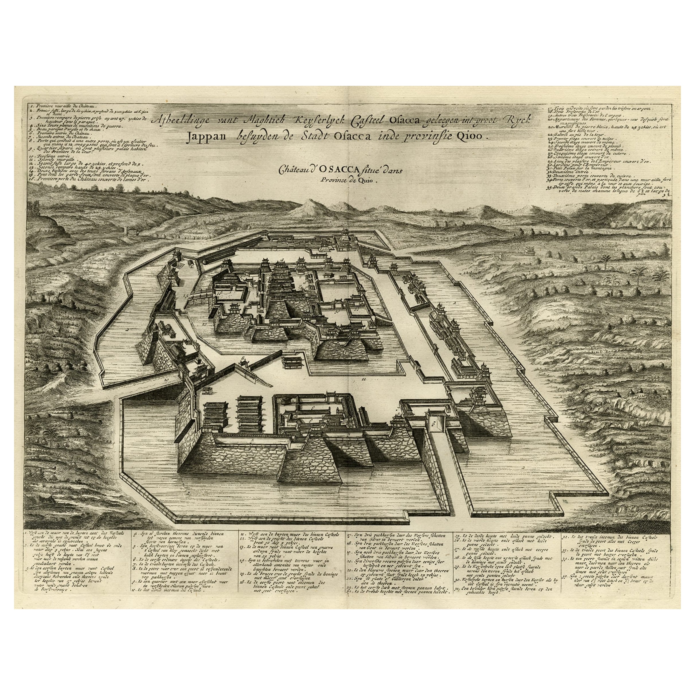 Original Antique Engraving of the Mighty Imperial Osaka Castle in Japan, 1669 For Sale