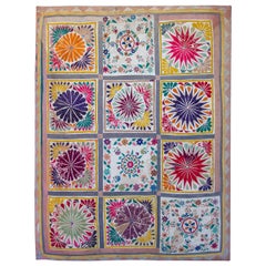 Antique 1920s Indian Embroidered Panel Silk Tapestry w/ Geometric Pattern & Wooden Frame