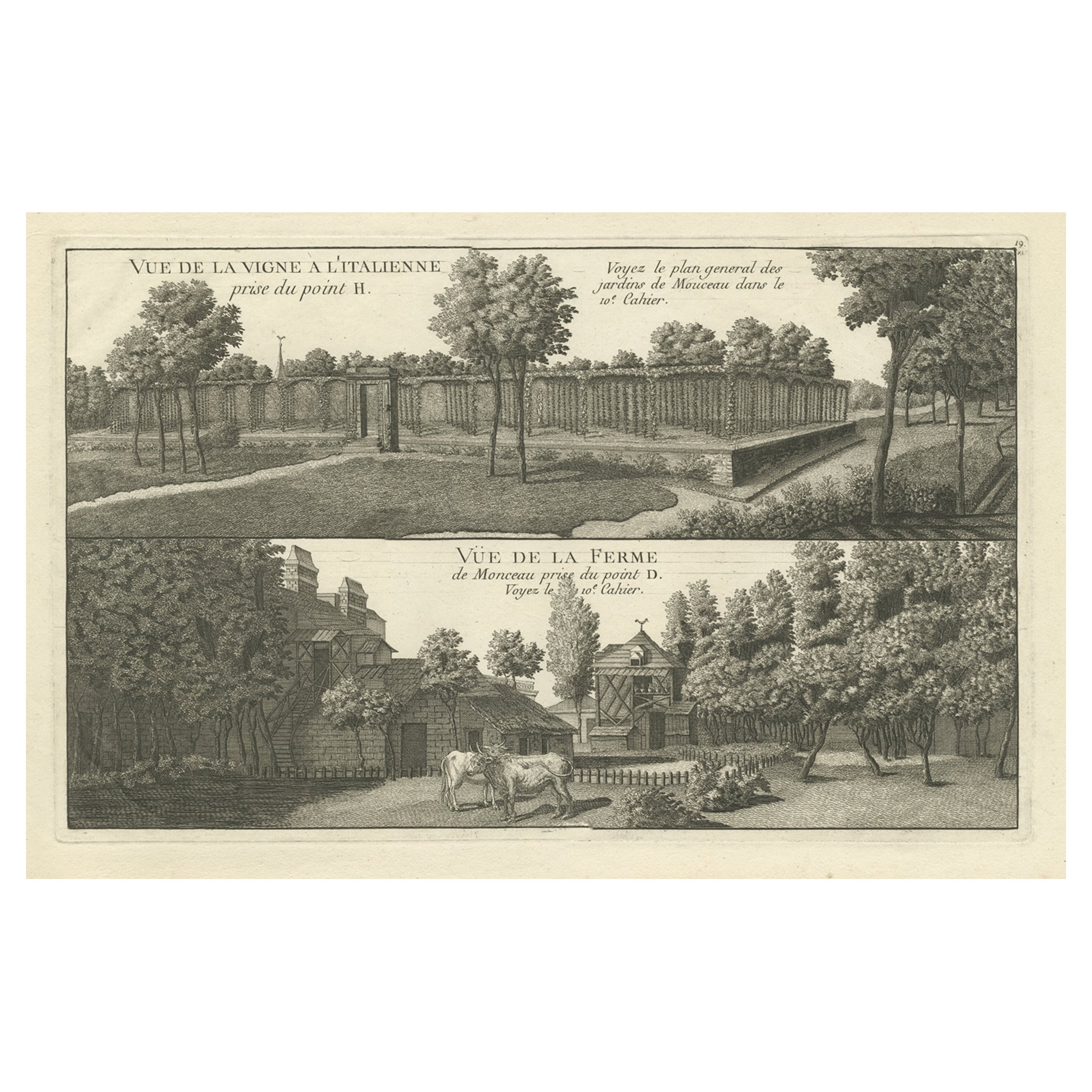 Gravure ancienne en cuivre d'un vignoble et d'une ferme italienne, vers 1785