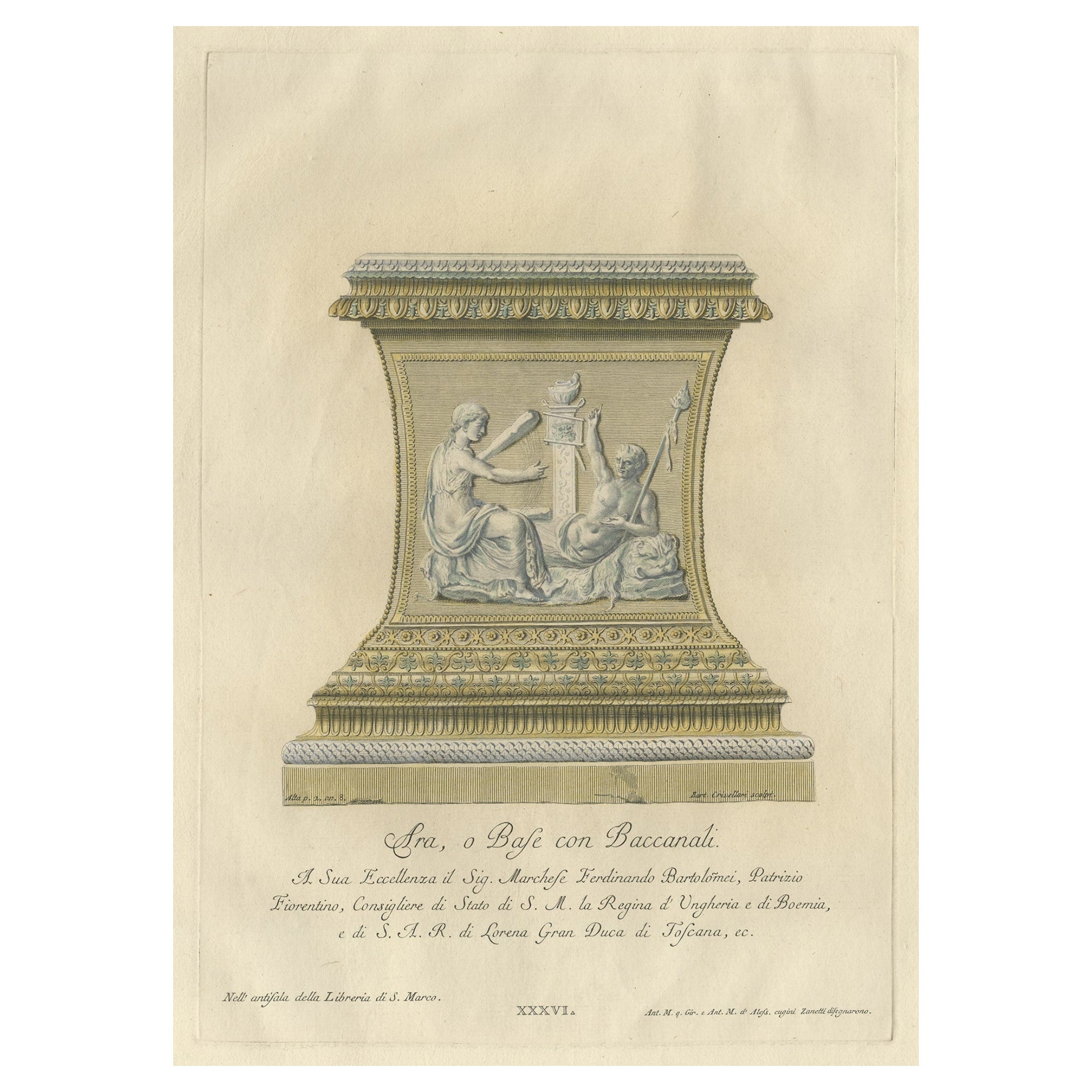 Rare gravure ancienne d'un grand autel ou piédestal ornemental bacchique, 1740