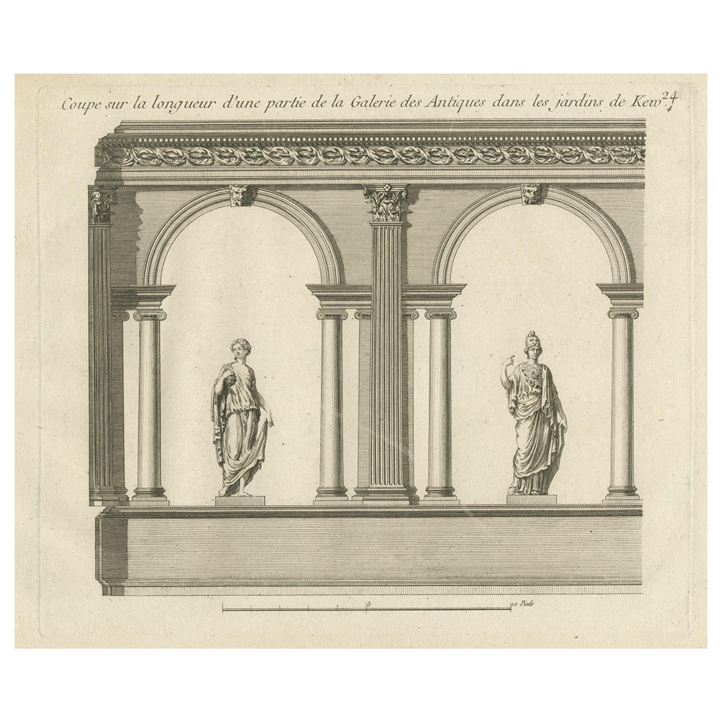 Gravure en cuivre d'une section des jardins botaniques royaux, Kew, Londres, 1776