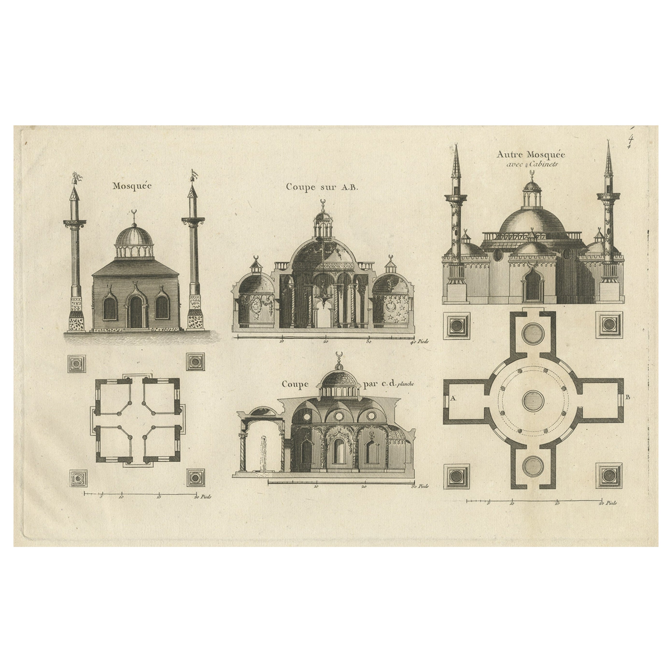 Antique Copper Engraving Showing Two Mosques, ca.1785 For Sale