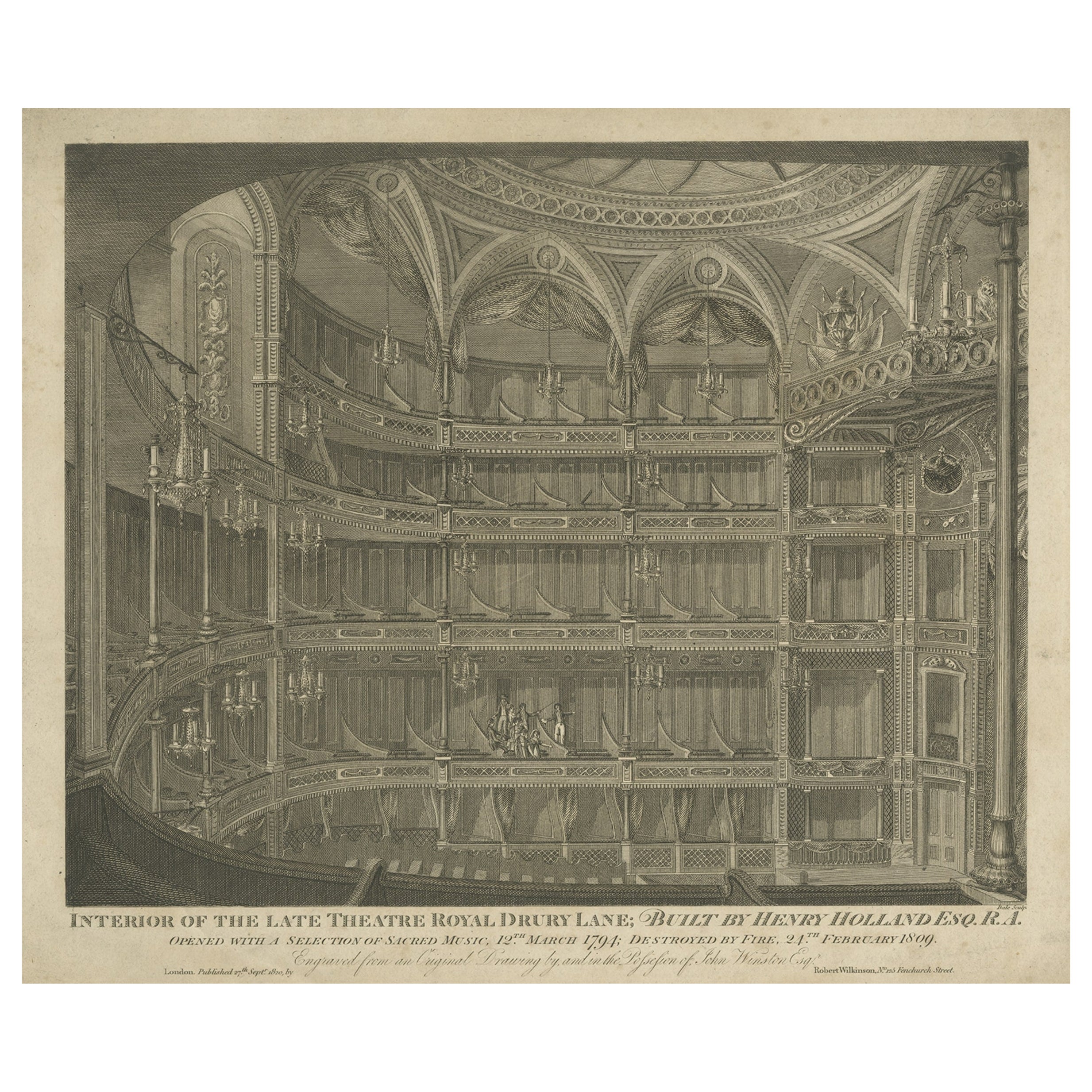 Ancienne estampe originale du Theatre Royal, Drury Lane à Londres, 1820 en vente