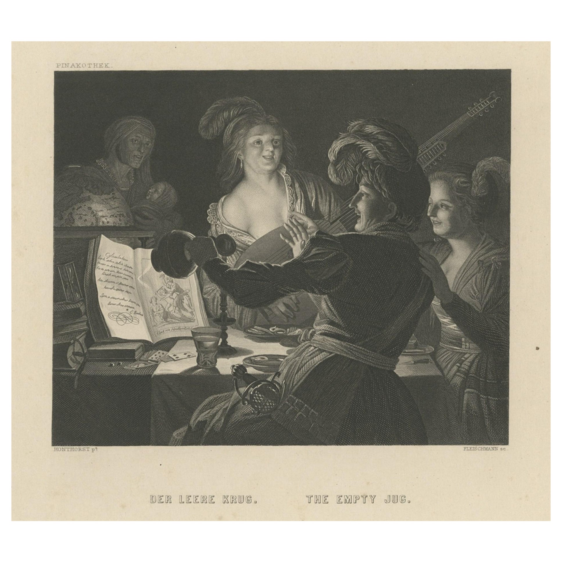 Rara stampa antica di un uomo che fissa una brocca vuota, 1850 ca.