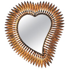 Retro Heart Shaped Sunburst Mirror in Gilt Metal