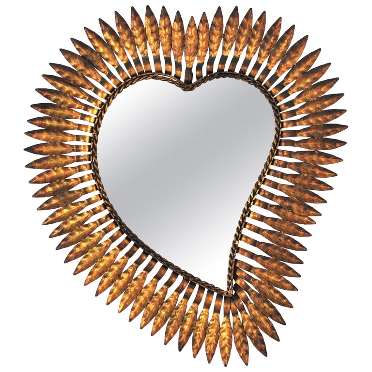 Heart Shaped Sunburst Mirror in Gilt Metal For Sale