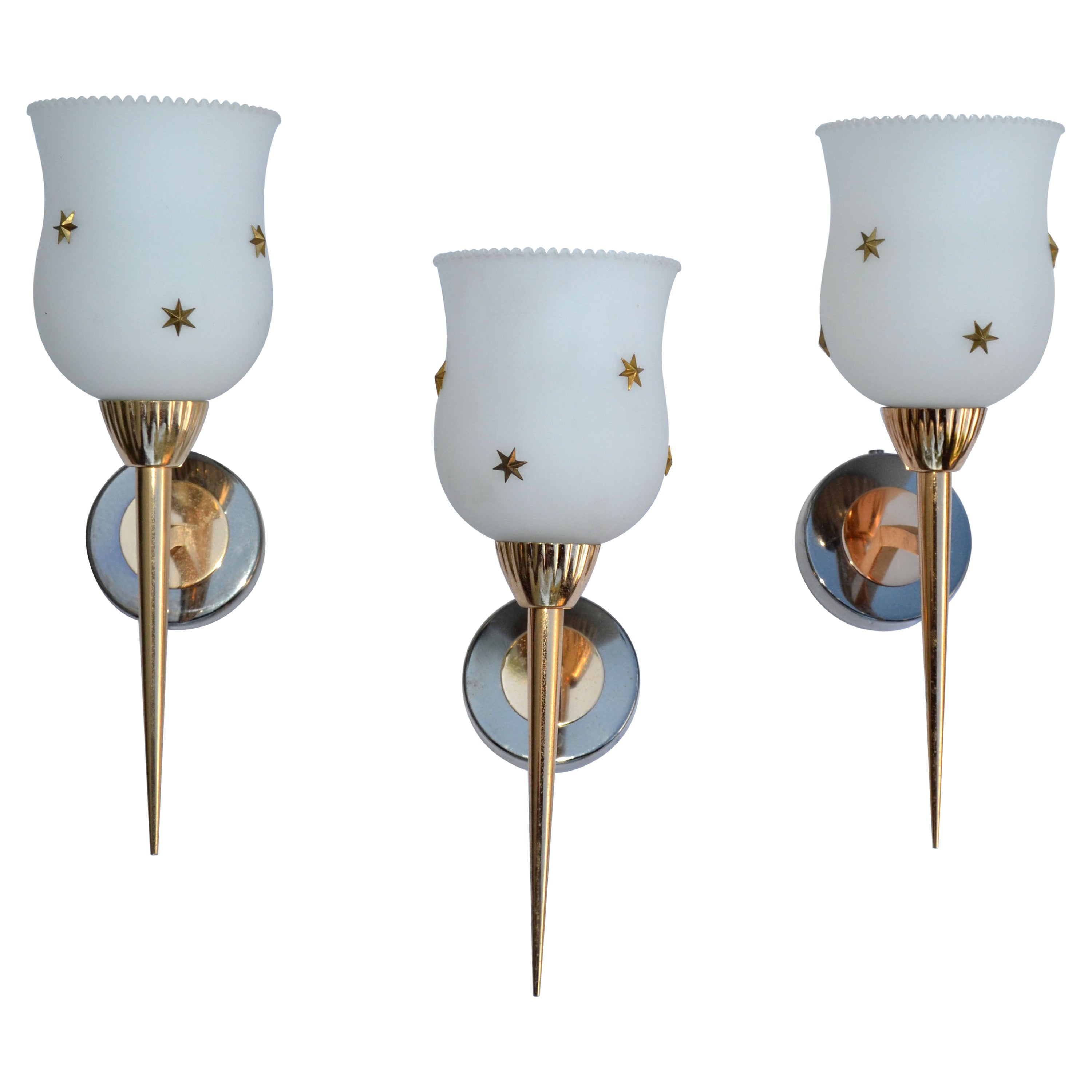  5 Maison Arlus Brass & Gunmetal Sconce Brass Stars Opaline Glass Shade 1960 For Sale