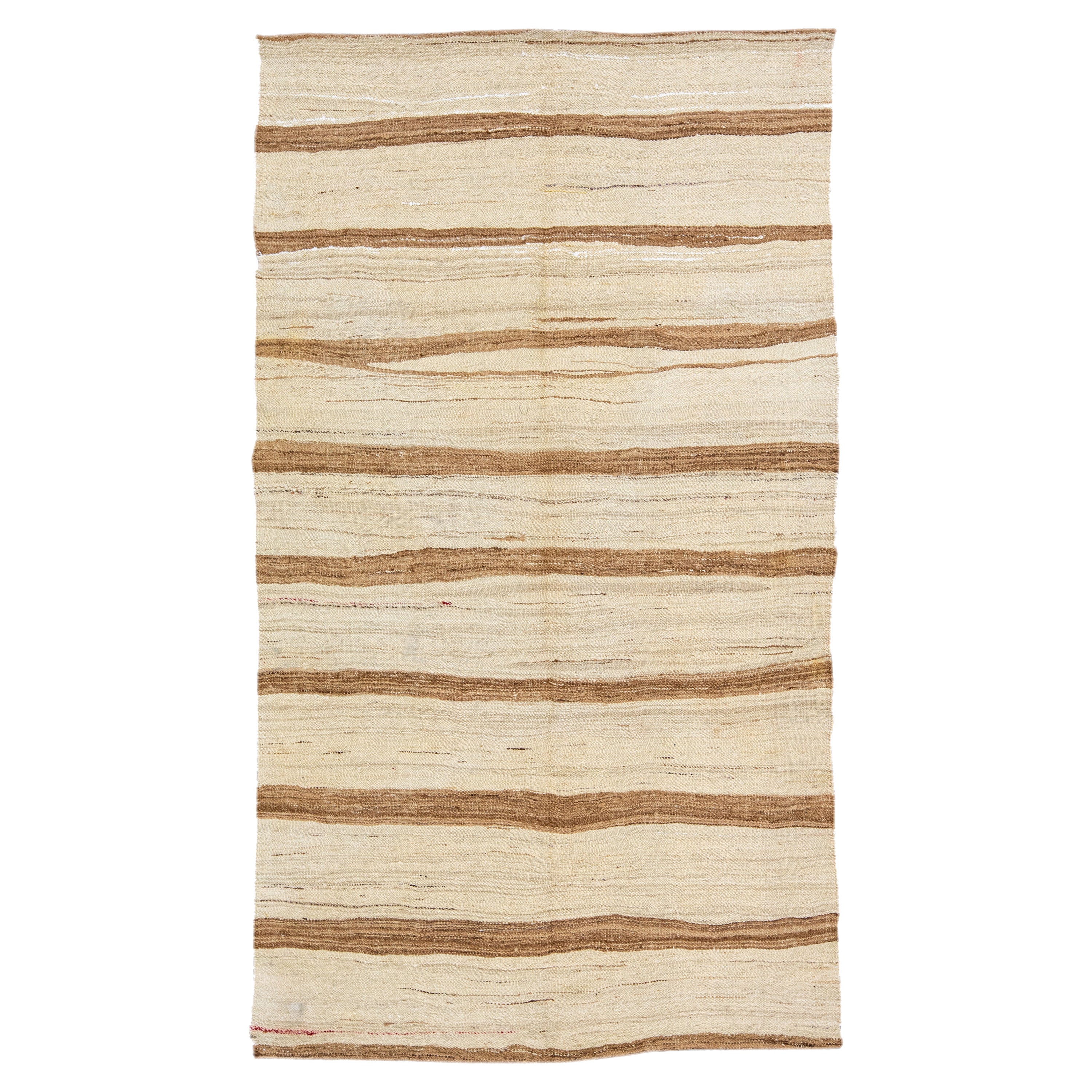 Vintage Striped Kilim Handmade Flatweave Beige Wool Rug For Sale at 1stDibs