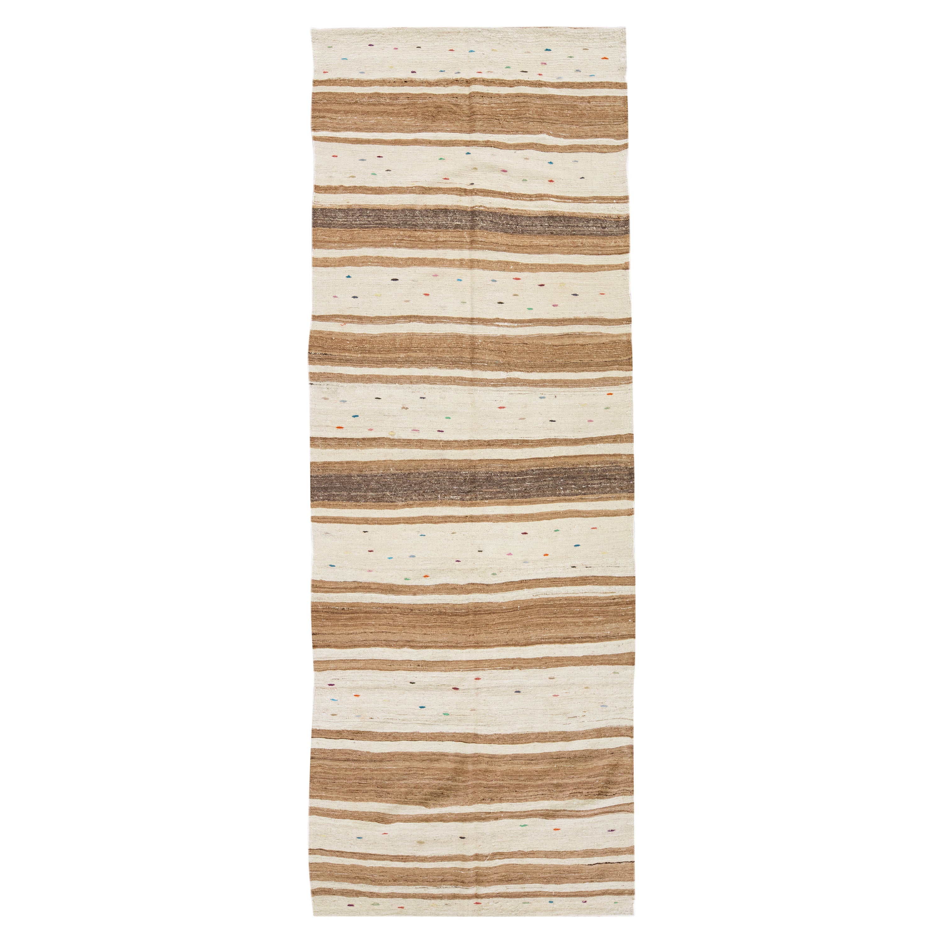 Beige Vintage Kilim Handmade Flatweave Striped Motif Wool Runner For Sale