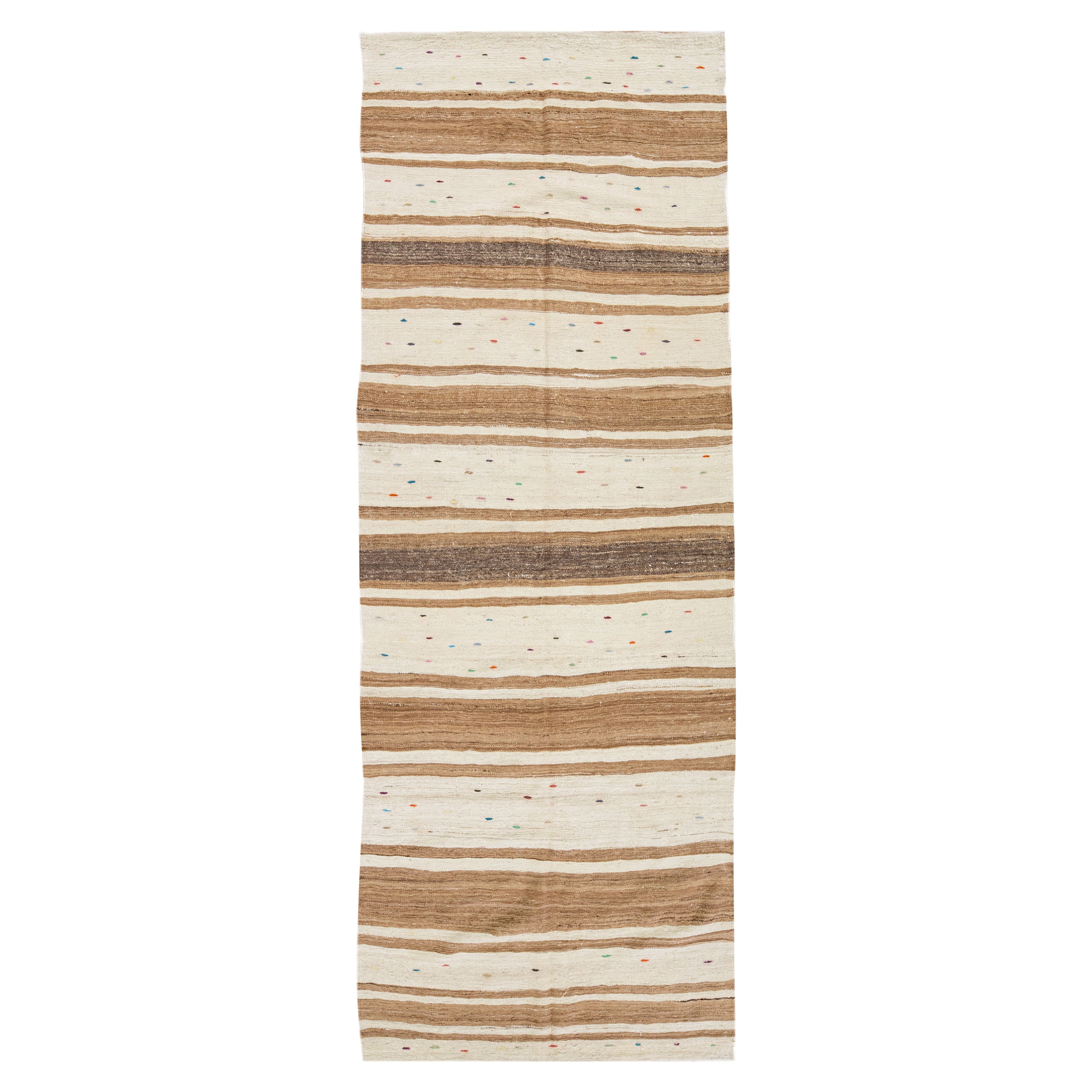 Beige Vintage Kilim Handmade Flatweave Striped Motif Laine Runner