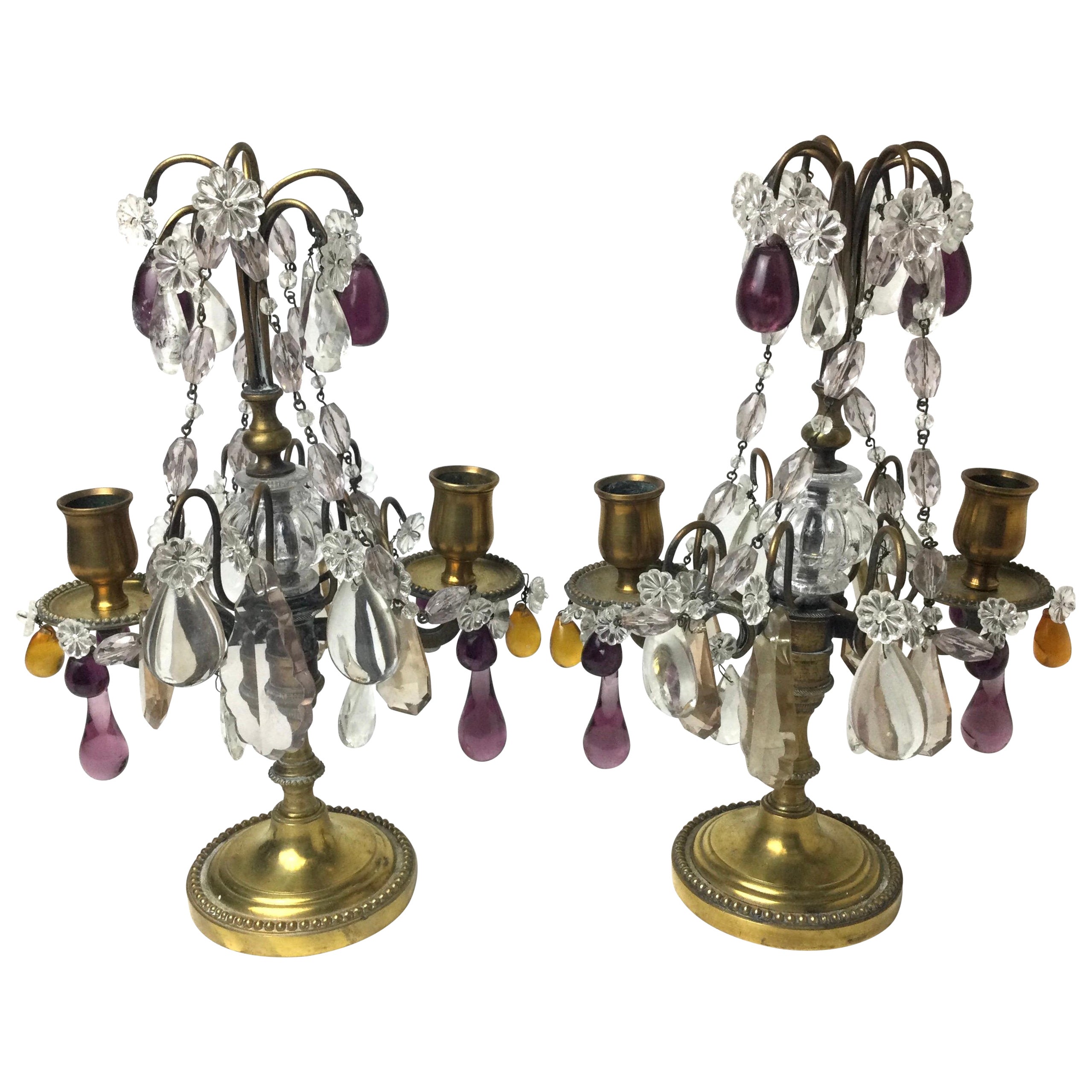 Pair of Girandoles Candelabras with Clear Amethyst and Amber Crystals For Sale