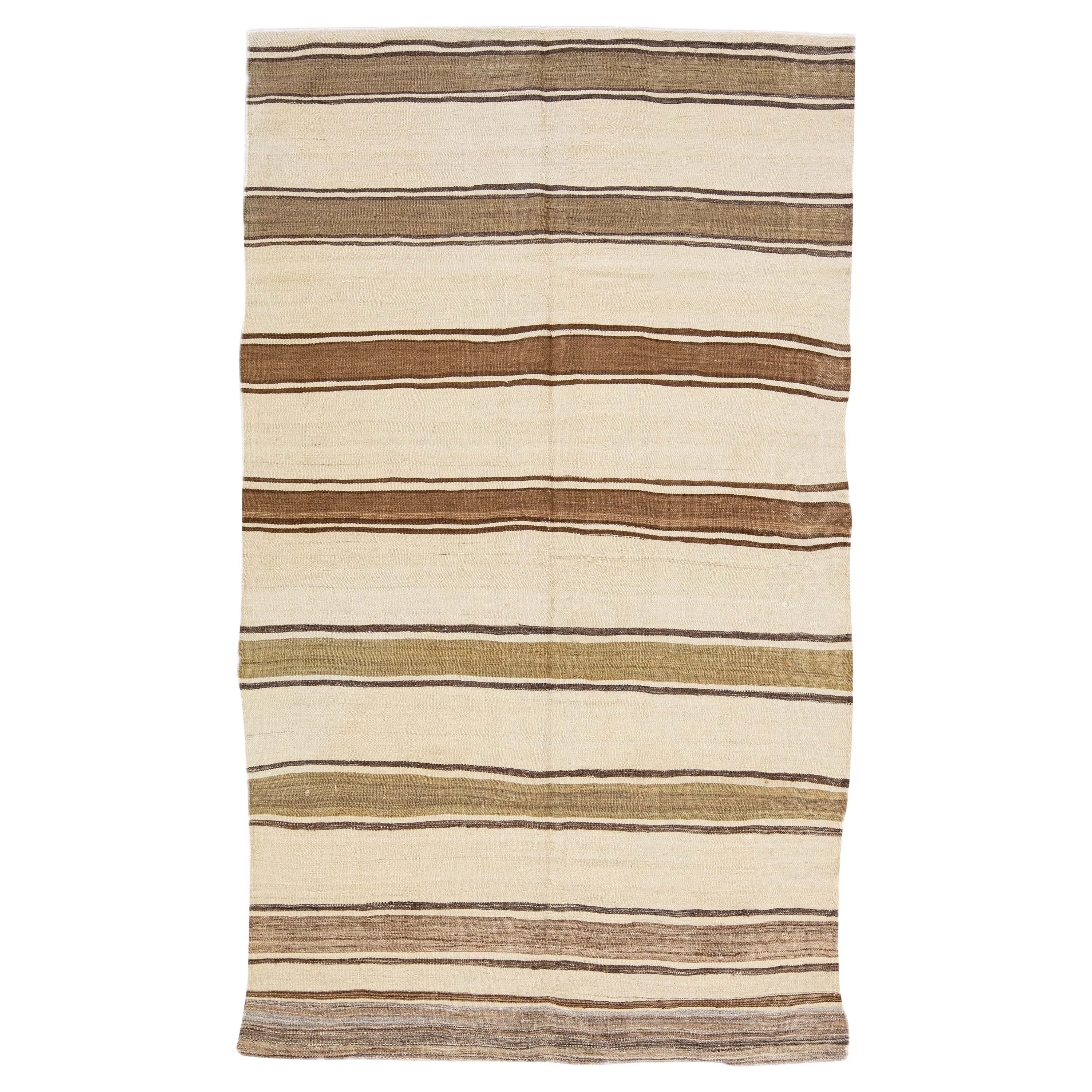 Contemporary Black and White Striped Kilim Flatweave Wool Rug For Sale