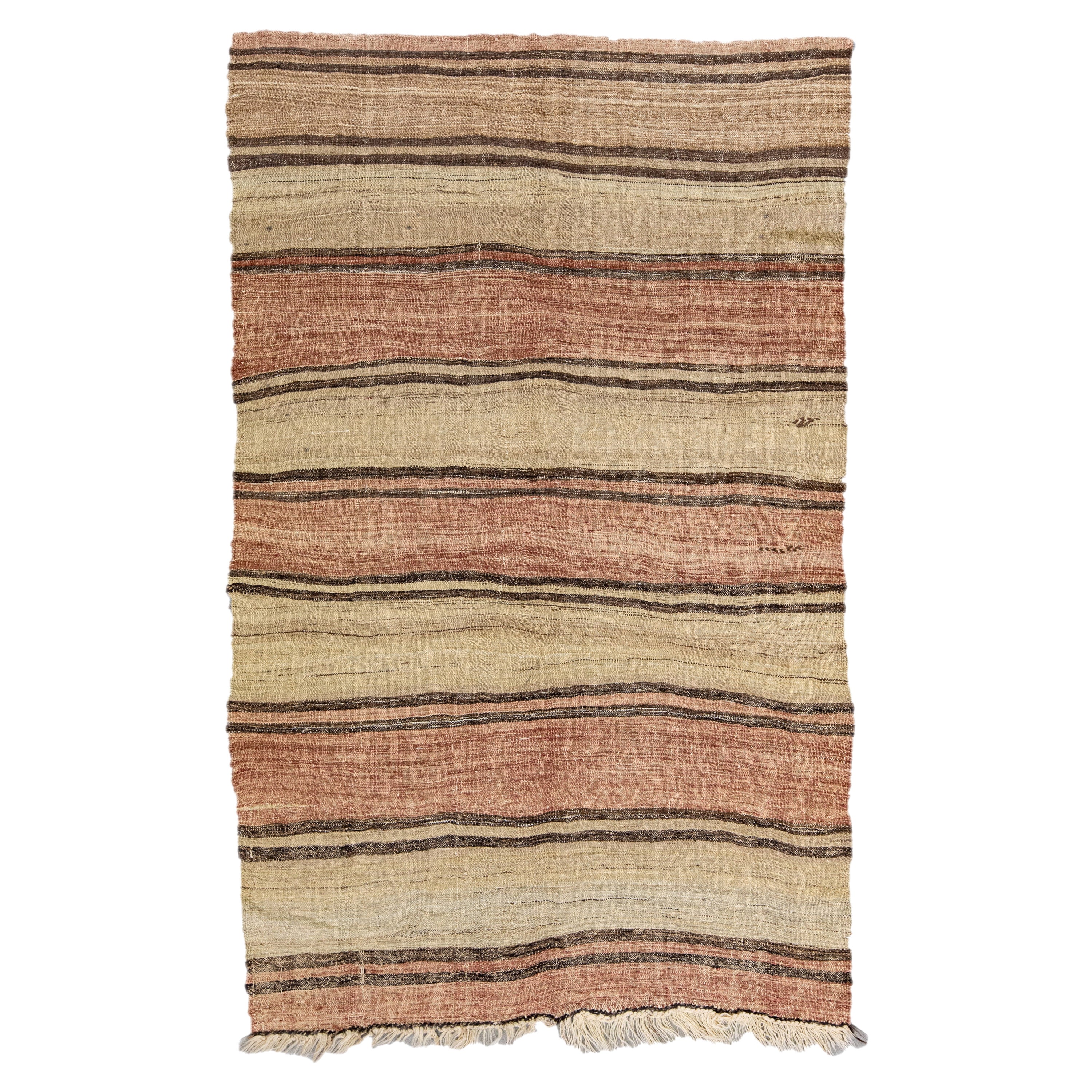 Tan Vintage Kilim Handmade Flatweave Striped Motif Wool Rug For Sale