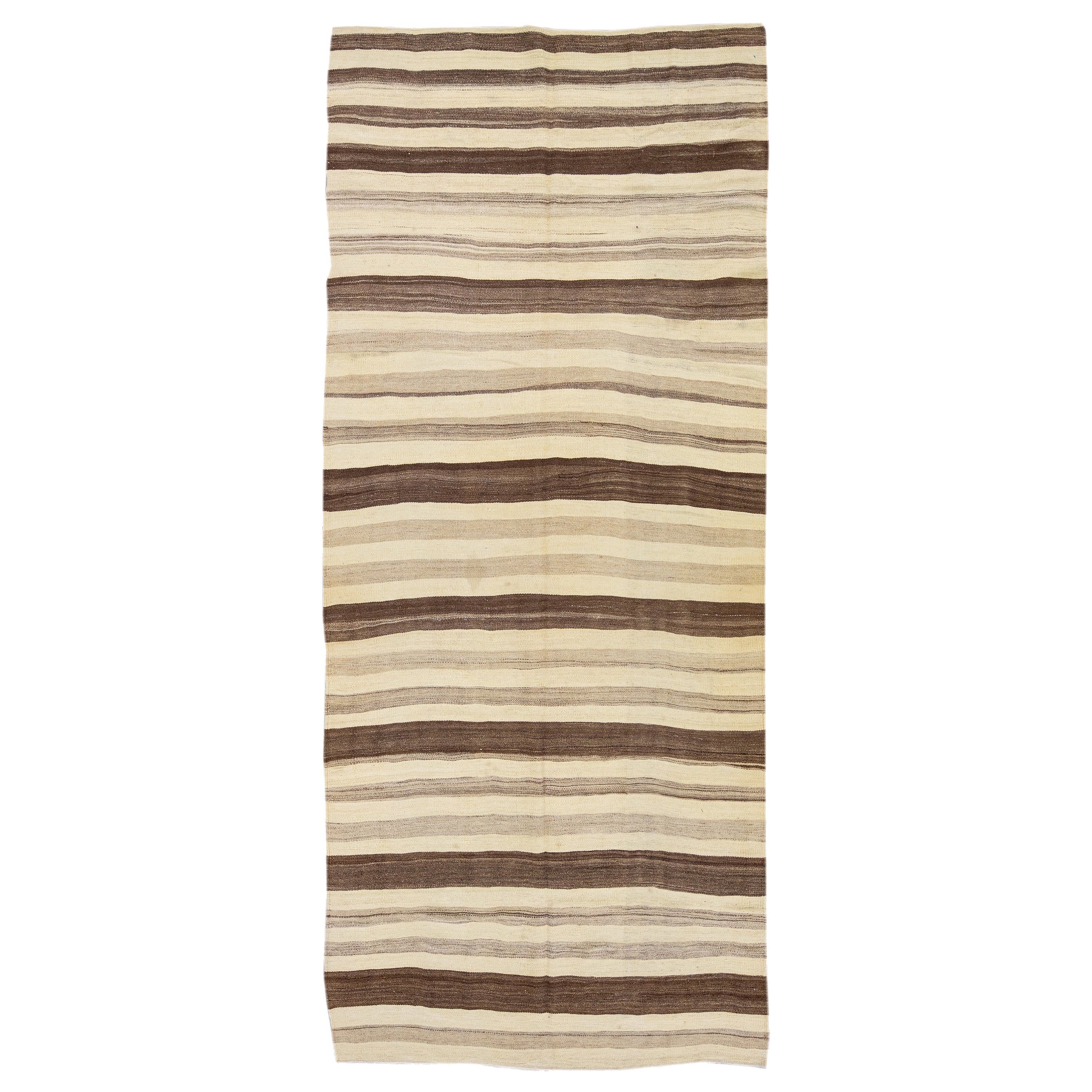 Vintage Kilim Handmade Flatweave Striped Designed Beige Wool Rug For