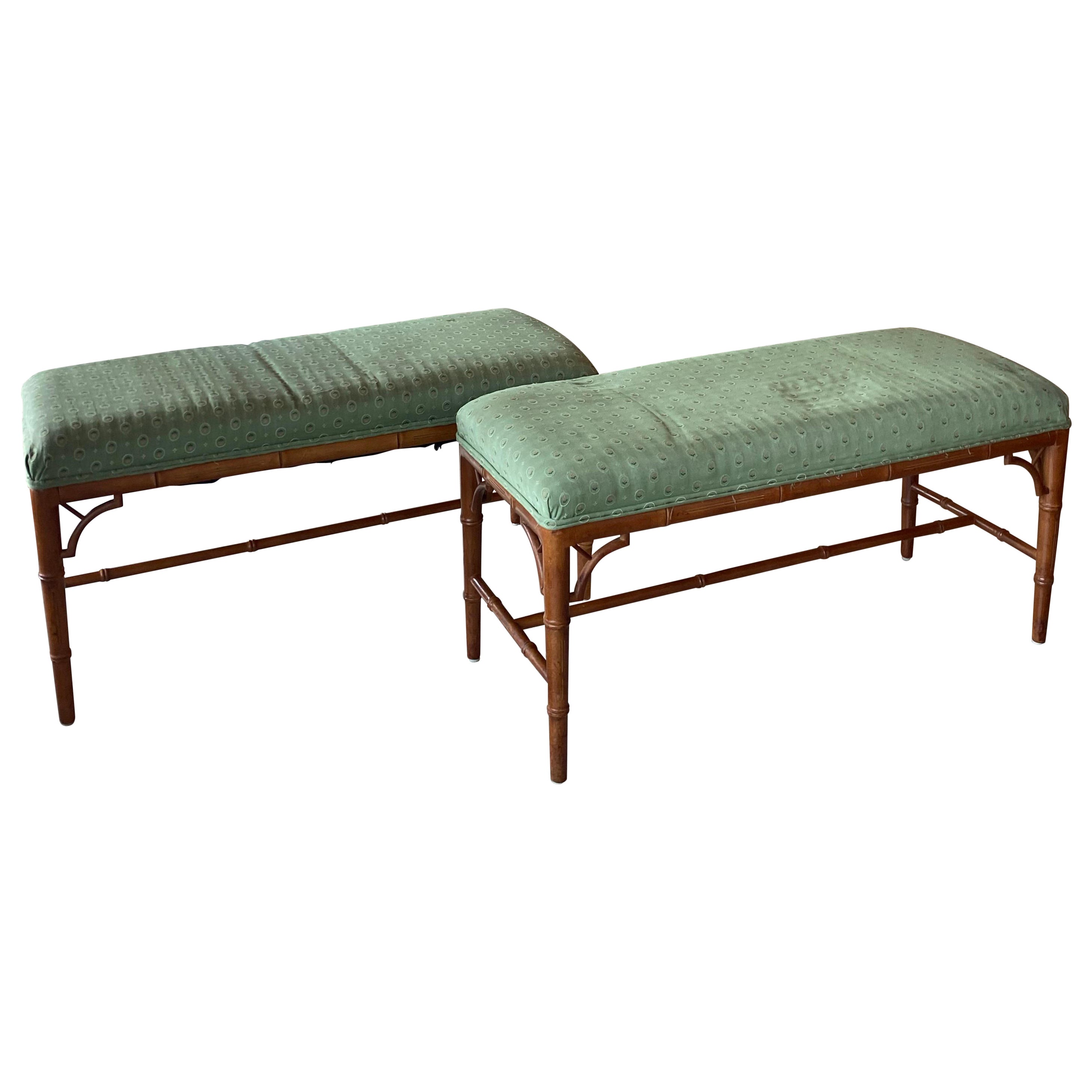 Pair of Vintage Fret Chinese Chippendale Faux Bamboo Wood Benches End of Bed For Sale