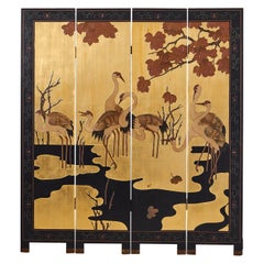 Chinese Export Gilt Coromandel Screen Manchurian Cranes