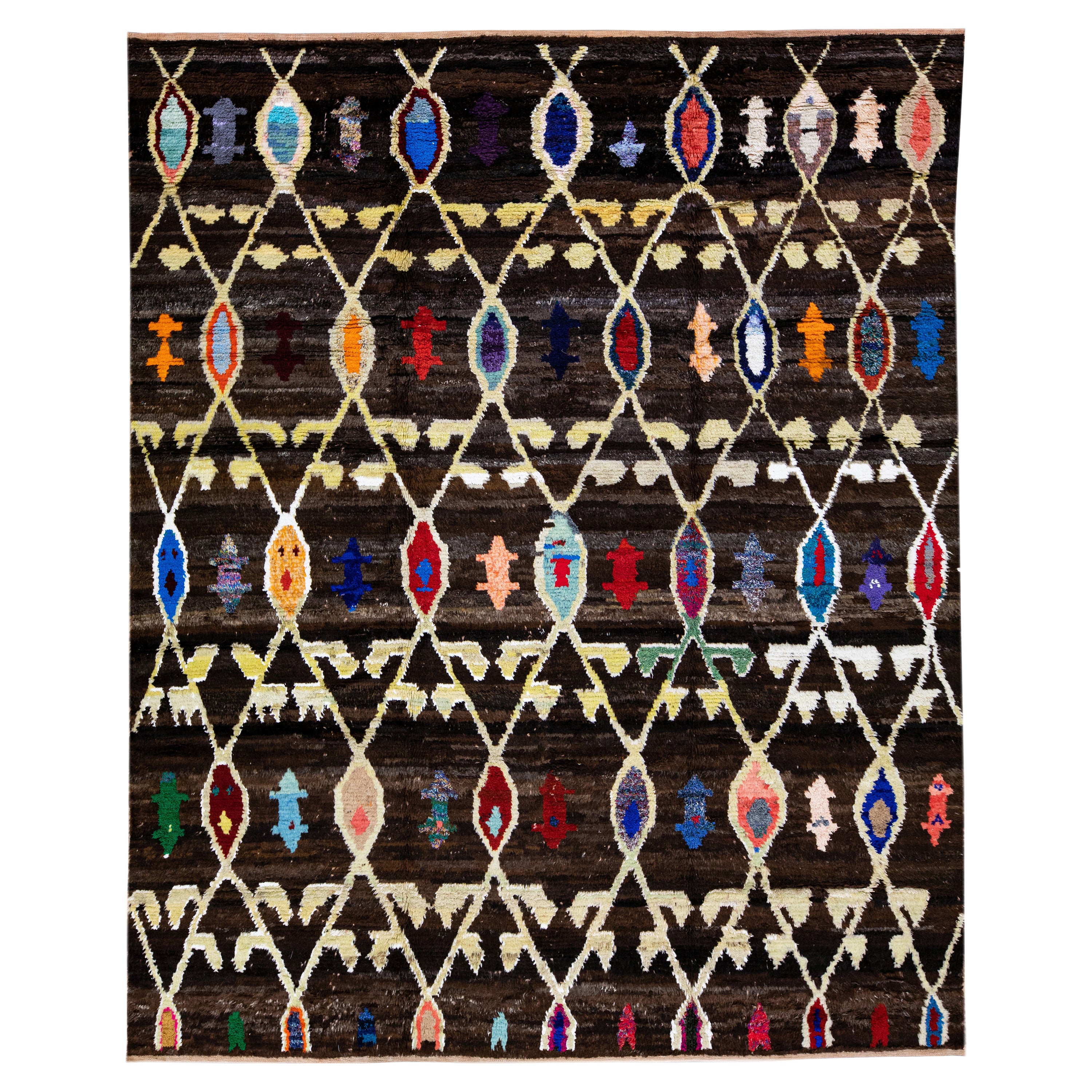 Brown Modern Turkish Tulu Handmade Multicolor Tribal Designed Wool Rug For Sale