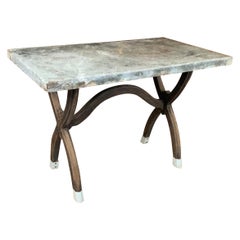 Antique Marble Top Table with Curved X Base and Enamel Feet