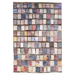 Brown Modern Turkish Tulu Handmade Multicolor Square Designed Pattern Wool Rug