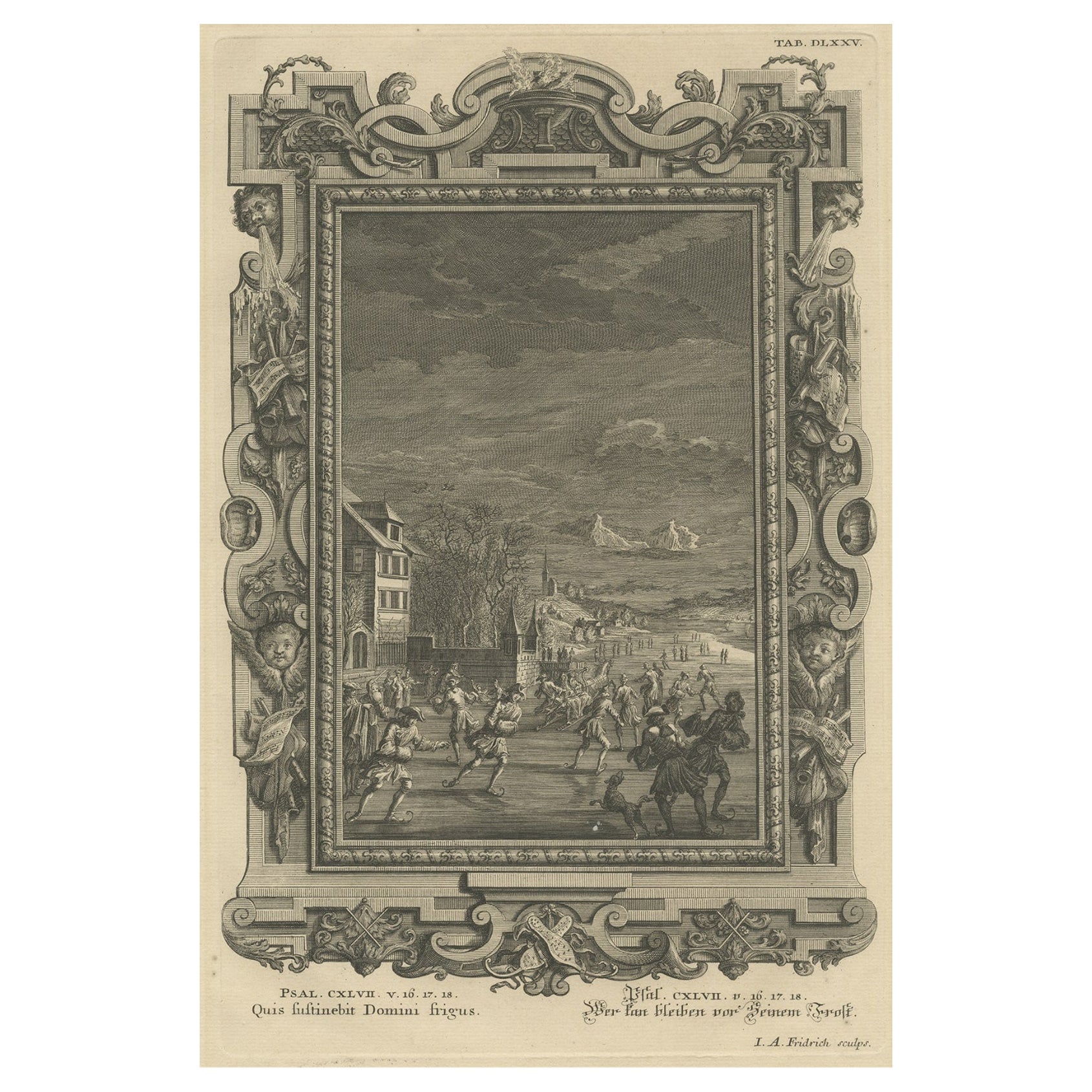 Antique Print Showing an Ice Skating Scene to Illustrate Psalm 147, in Year 1731 For Sale