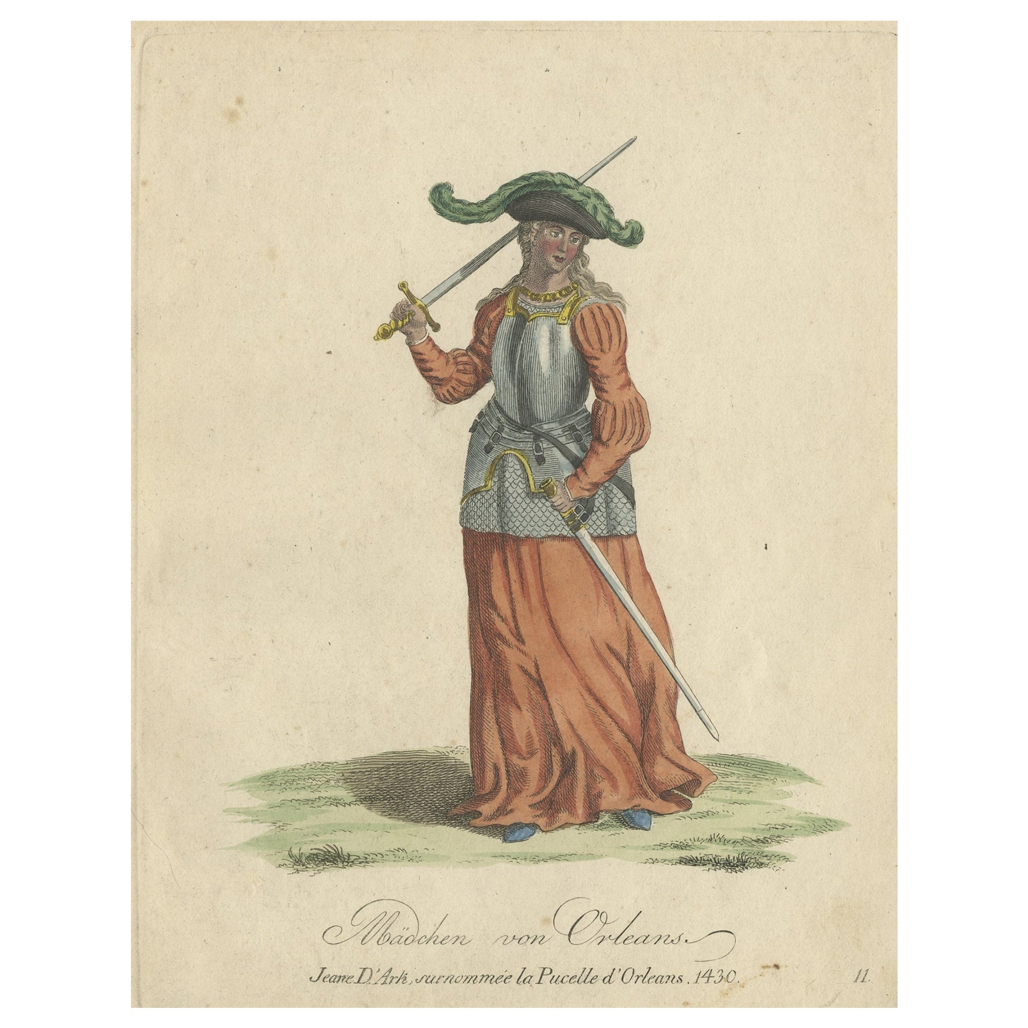 Rare Original Hand-Colored Engraving of Joan of Arc from Orleans, France, 1805 For Sale