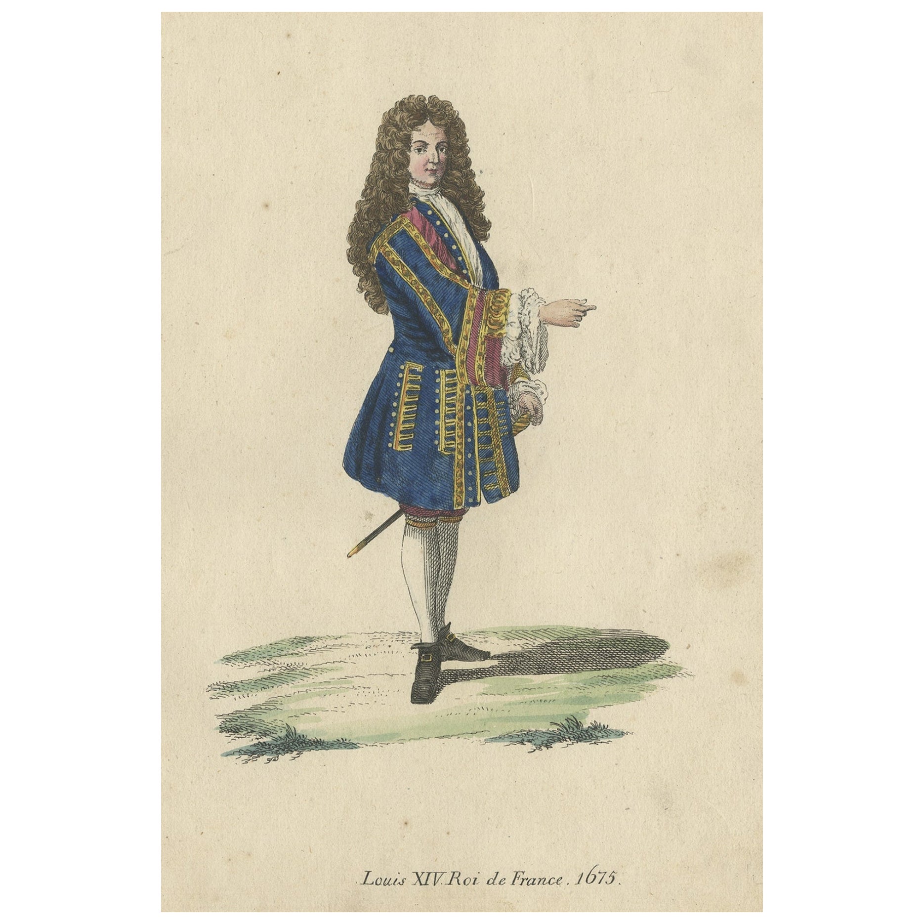 Original Hand-Colored Copper Engraving of Louis XIV or The Sun King, 1805 For Sale