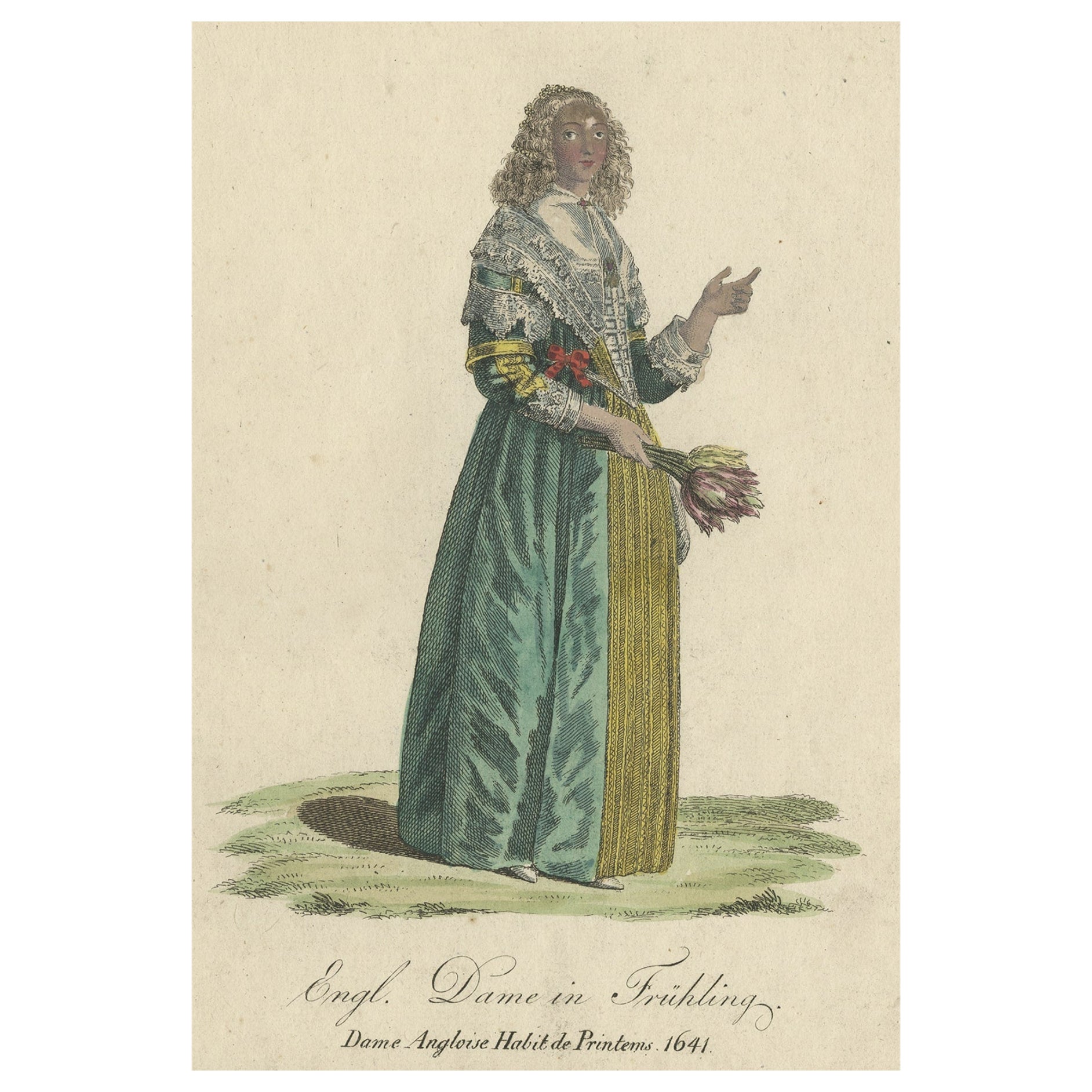 Rare gravure à la main d'une femme anglaise portant une robe de printemps, 1805