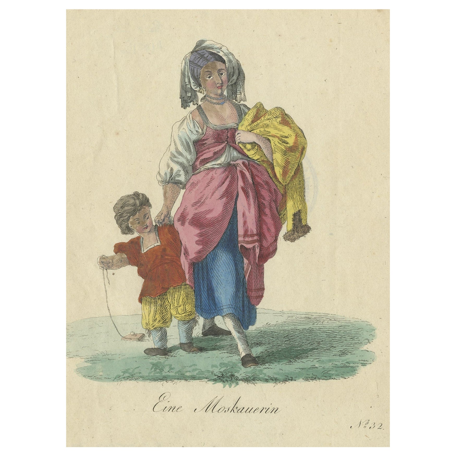 Rare gravure colorée à la main d'une femme de Moscou avec un enfant, Russie, 1805