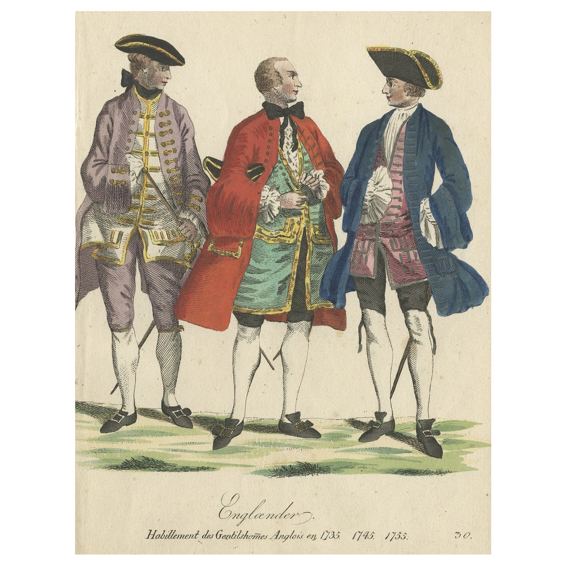 Rare Antique Costume Print Showing Three Gentlemen from England, 1805 For Sale