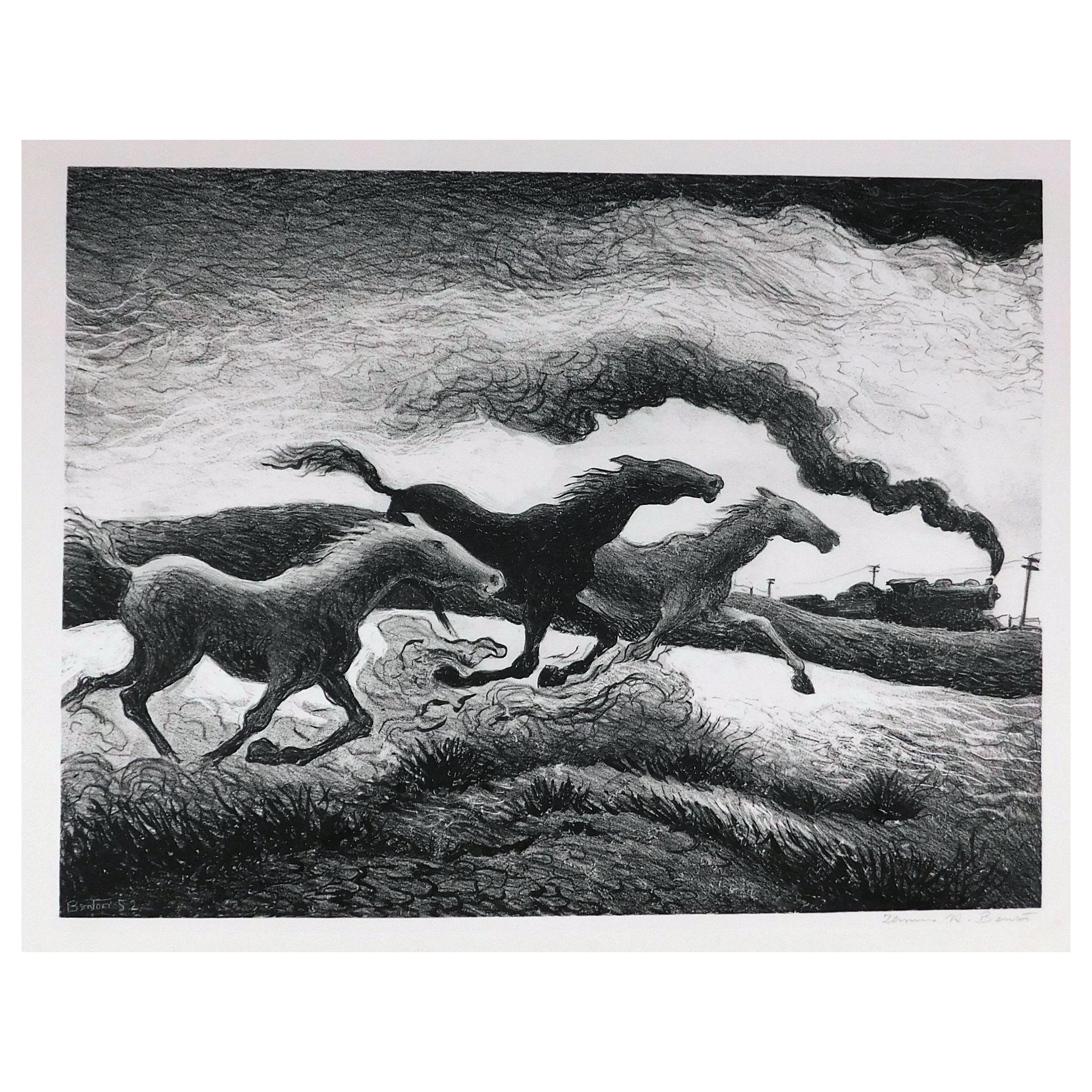 Thomas Hart Benton Original Lithograph, 1955, Running Horses