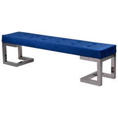 Extra Long Mid-Century Blue Velvet Bench with Chrome Frame