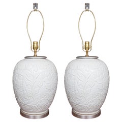 Exquisite Pair of Large Italian Table Lamps with Floral Relief 