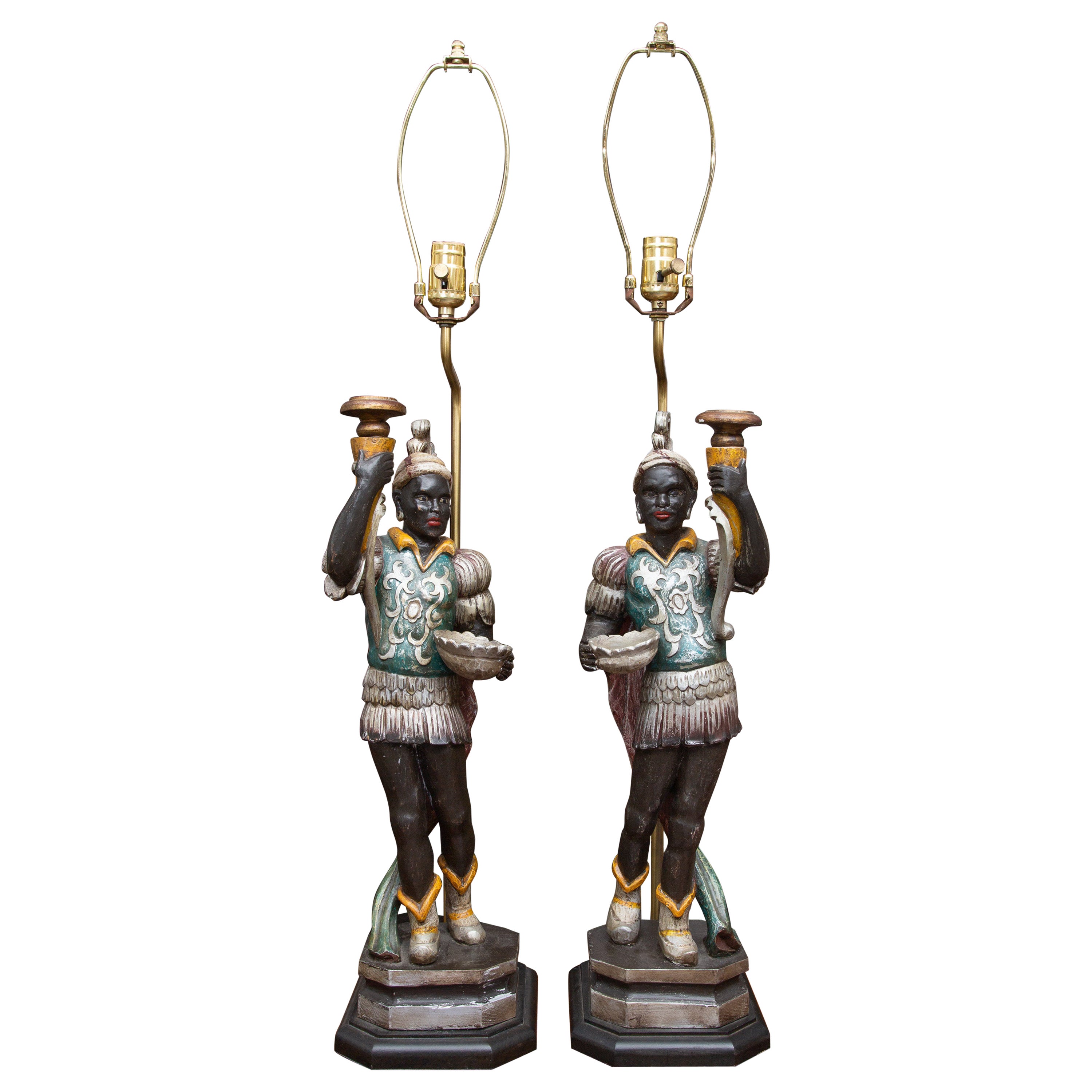 Pair of Vintage Italian Polychromed Figural Table Lamps
