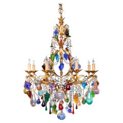 Italian Gilt Metal Chandelier with Mult-Colored Glass Fruits and Prisms