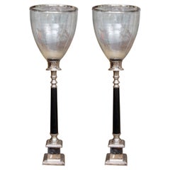 Stately Pair of Stainless and Ebonized Candleholders with Large Globes